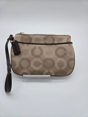 Coach Signature C Dot Op Art Tan Brown Wristlet Canvas and Patent Leather